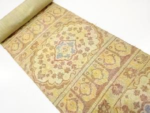 アンティーク　手織り紬　横段に花更紗模様織り出し　名古屋帯地反物